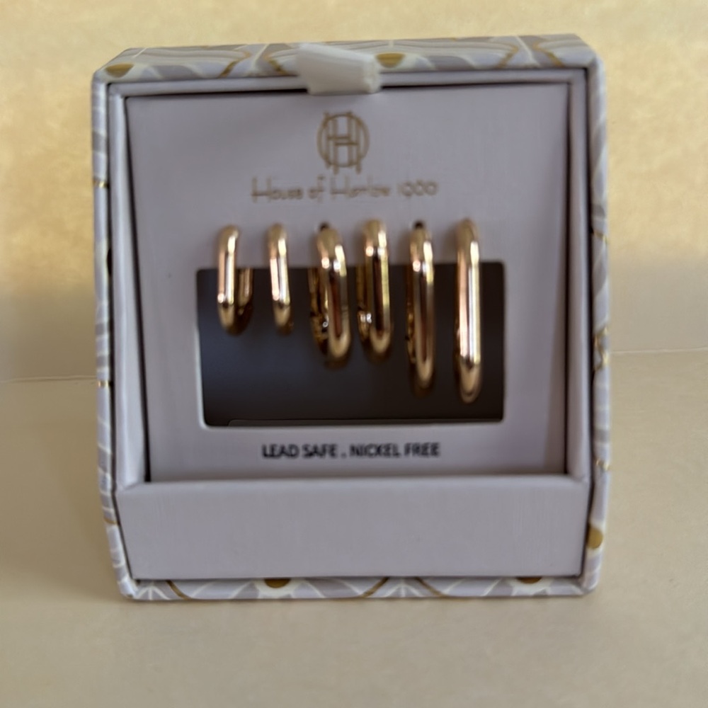 HOUSE OF HARLOW 1960 3 Gold Tone Rectangle Earring Huggie Hoop Set NIB $125